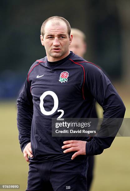 England captain Steve Borthwick looks on during the England rugby union squad training session at Pennyhill Park on March 12, 2010 in Bagshot,...