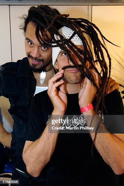 Michael Franti and Andrew G pose backstage at Vodafone Live at the Chapel TV show on 20th September 2006 in Melbourne, Australia.