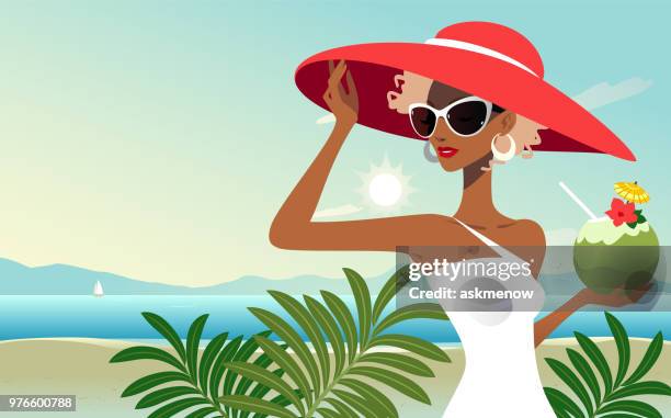 vacation on the seaside - coconut beach woman stock illustrations