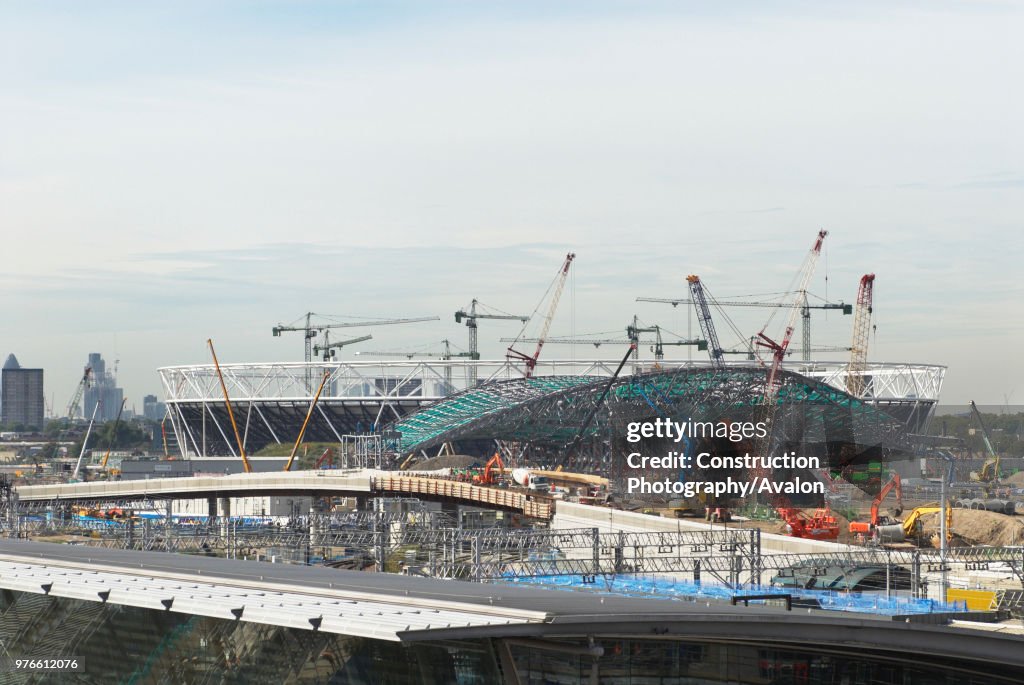 Construction of the Aquatic Centre and Olympic Stadium, Stratford, East London, UK