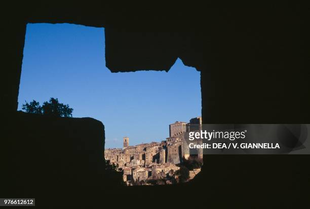 View of Sorano from a dovecote in tuff, Tuscany, Italy.
