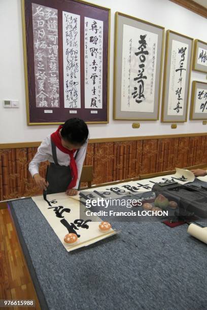 Cours de callygraphie dans le Palais des enfants à Pyongyang, en Corée du Nord, le 12 juin 2018.