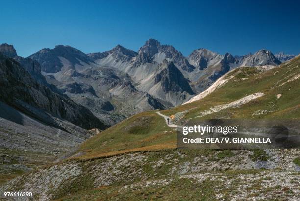 Landscape view over the Cottian Alps from the Gardetta pass with the Monte Oronaye-Tete de Moyse in the background, Piedmont, Italy.