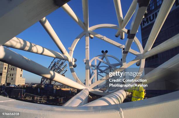 Wembley stadium-London: Interlacing steel tubes of the signature arch, constructed on the ground by Cleveland Bridge After lifting the 317 metres...