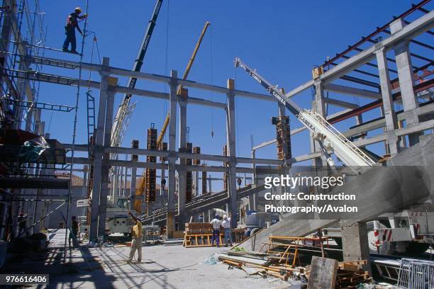 Concrete frame construction for the multiplex cinema area of a retail and leisure development near Malaga on the Costa Del Sol in Spain, the sloping...