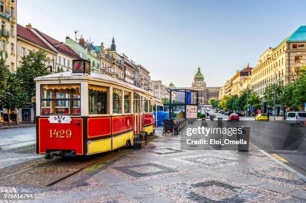 tram restaurant in wenceslas square in prague. czech republic - prague tram stock pictures, royalty-free photos & images