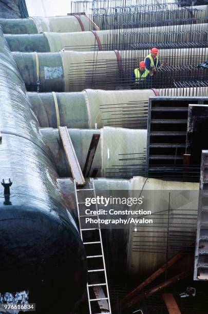 Cooling water pipes from the main reactor being built for the new EPW nuclear reactor, Onkalu, Finland, Olkiluoto3,.