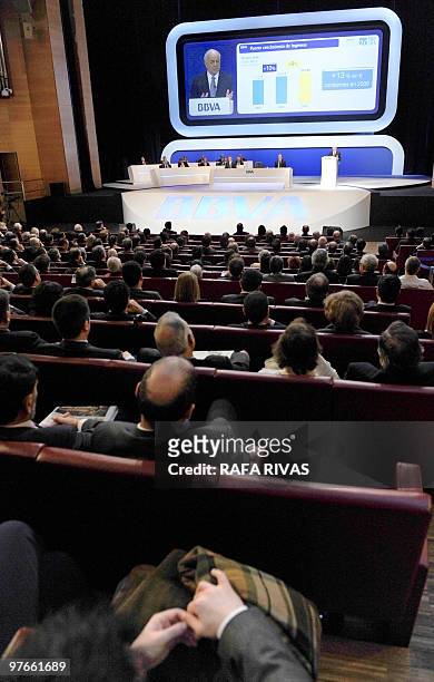 Shareholders attend the Spanish bank Banco Bilbao Vizcaya Argentaria 's general shareholders meeting in Bilbao, north of Spain, on March 12, 2010....