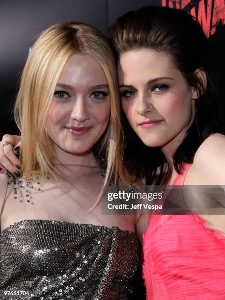 Actresses Dakota Fanning and Kristen Stewart arrive at the Los Angeles Premiere of The Runaways presented by Apparition and KLIPSCH at ArcLight...