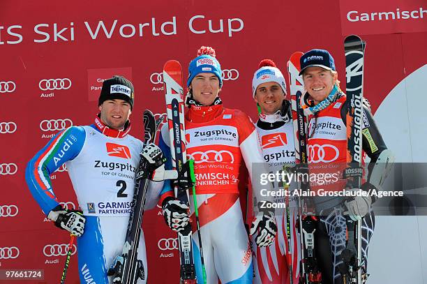 Carlo Janka of Switzerland takes first place during the Audi FIS Alpine Ski World Cup Men's Giant Slalom on March 12, 2010 in Garmisch-Partenkirchen,...