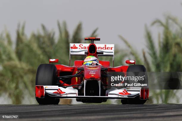 Felipe Massa of Brazil and Ferrari drives during practice for the Bahrain Formula One Grand Prix at the Bahrain International Circuit on March 12,...