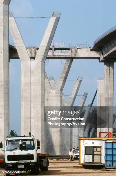 Approach ramp columns on the central interchange between the two cable stay bridges of the Mega Bridge over the Chao Praya river, Bangkok, Thailand.