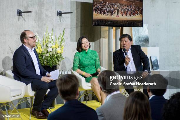 Dr. Clemens Trautmann, Fedina Zhou and Long Yu are pictured during a press conference held by german classical music label Deutsche Grammophon to...