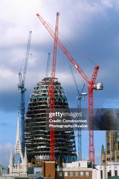 The Gherkin during construction, City of London, United Kingdom Designed by Sir Norman Foster and Partners.