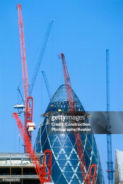 St Mary Axe, the Gherkin during construction, City of London, United Kingdom Designed by Sir Norman Foster and Partners.