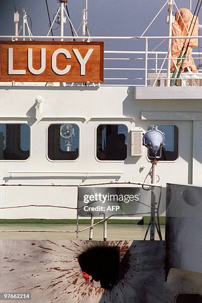 Photo taken November 17, 1987 of the thirty-six thousand ton tanker Lucy registered in Liberia, but U.S. Owned which was hit by at least 10 rocket...