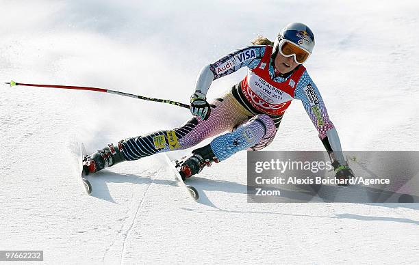 Lindsey Vonn of the USA competes during the Audi FIS Alpine Ski World Cup Women's Super G on March 12, 2010 in Garmisch-Partenkirchen, Germany.