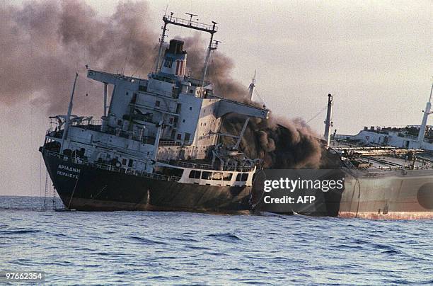 The Greek registered-tanker Adriande is pictured just after she was attacked for the second time in one day by Iranians 15 December 1987 off the...