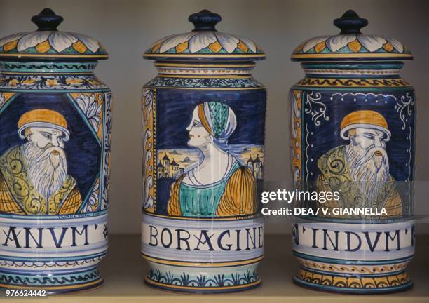 Pharmacy or herbal medicine pots, Castelli pottery, Gran Sasso national park, Abruzzo, Italy.
