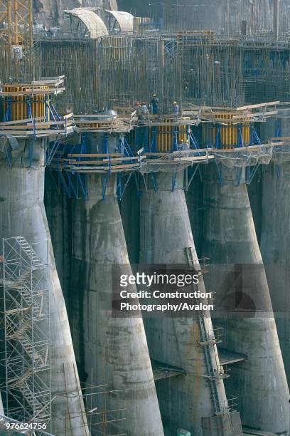 Giant intake structures for the underground hydroelectric power station at Xiaolangdi dam on the Yellow River in China.