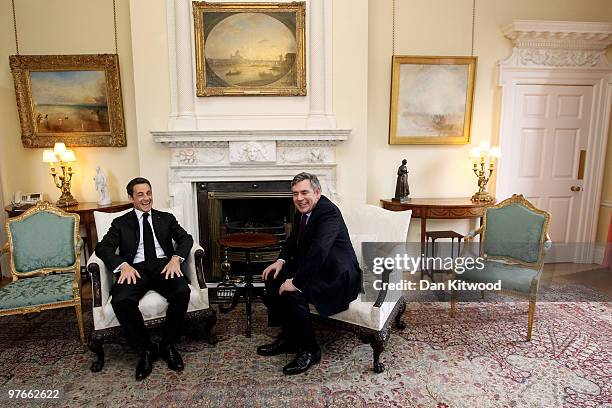 British Prime Minister Gordon Brown welcomes French President Nicolas Sarkozy to 10 Downing Street on March 12, 2010 in London, England. Mr Sarkozy...