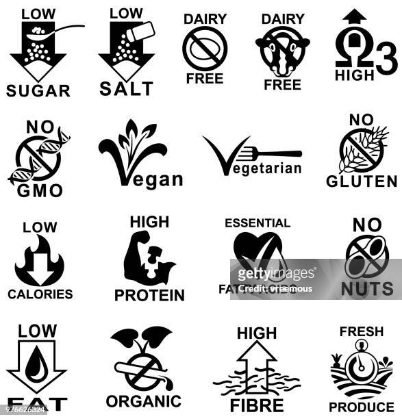 gesunde ernährung-label icons. - vegetarian food stock-grafiken, -clipart, -cartoons und -symbole