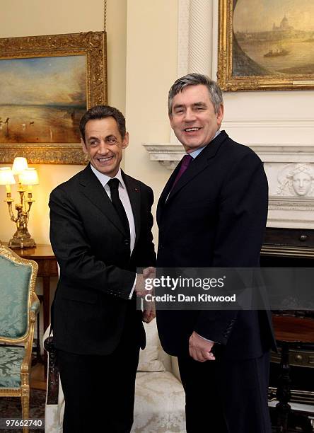 British Prime Minister Gordon Brown welcomes French President Nicolas Sarkozy to 10 Downing Street on March 12, 2010 in London, England. Mr Sarkozy...