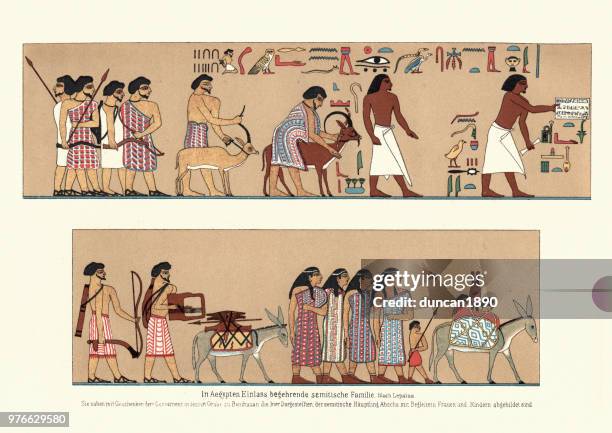 ancient egyptian family bearing gifts - ancient egyptian stock illustrations