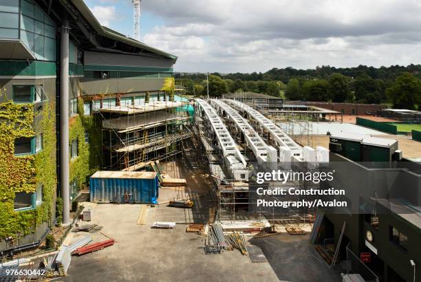 Trusses for the new Centre Court roof arranged ready for installation, All England Lawn Tennis Club, Wimbledon, London, UK, 2008.