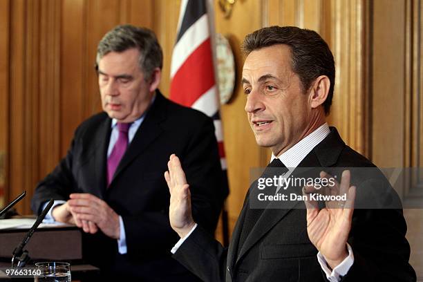 British Prime Minister Gordon Brown and French President Nicolas Sarkozy conduct a a press conference inside 10 Downing Street on March 12, 2010 in...