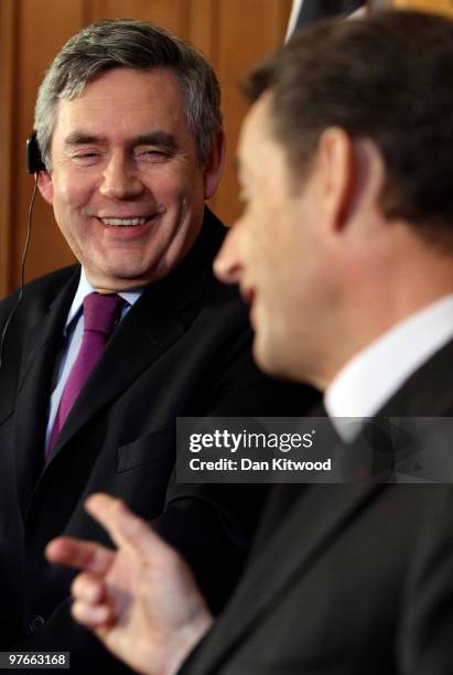 British Prime Minister Gordon Brown and French President Nicolas Sarkozy conduct a a press conference inside 10 Downing Street on March 12, 2010 in...