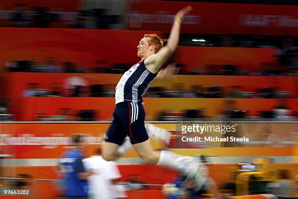 Greg Rutherford of Great Britain competes in the Mens Long Jump Qualification during Day 1 of the IAAF World Indoor Championships at the Aspire Dome...