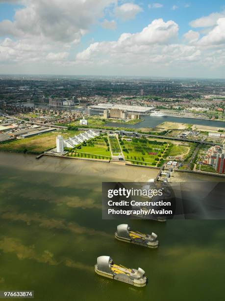 Aerial view of the Thames Barrier, ExCel Exhibition Centre on Royal Victoria Dock and Barrier Point, a landmark prestige housing development by...