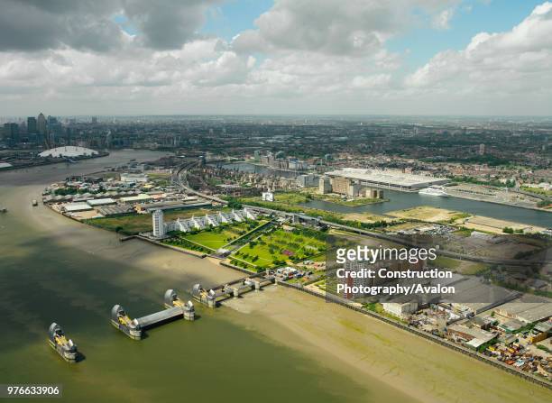 Aerial view of the Thames Barrier, ExCel Exhibition Centre on Royal Victoria Dock, Barrier Point, a landmark prestige housing development by Barratt,...