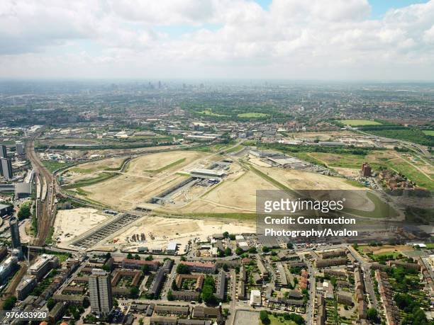 Aerial view of the Olympic Park for the 2012 Olympic Games, Stratford, London Aerial images taken 22nd of June 2007 A quarter of the derelict site...