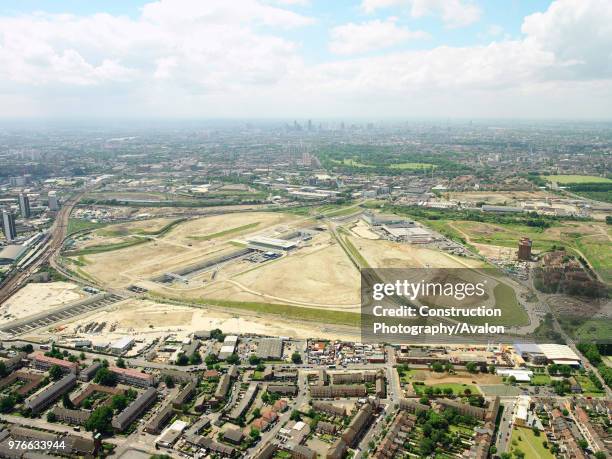 Aerial view of the Olympic Park for the 2012 Olympic Games, Stratford, London Aerial images taken 22nd of June 2007 A quarter of the derelict site...