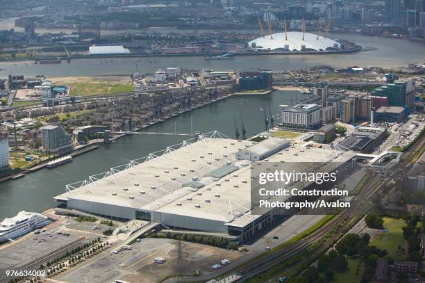 Aerial view of the ExCel Exhibition Centre, Royal Victoria Dock and the Millennium Dome London, UK.