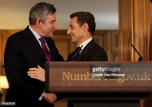 British Prime Minister Gordon Brown and French President Nicolas Sarkozy conduct a press conference inside 10 Downing Street on March 12, 2010 in...