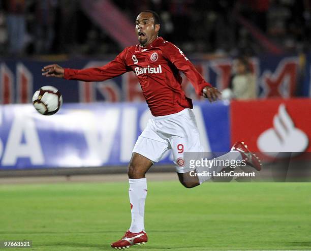 Alecsandro of Brazil's Internacional conducts the ball during a Libertadores Cup 2010 soccer match between Deportivo Quito and Internacional at the...