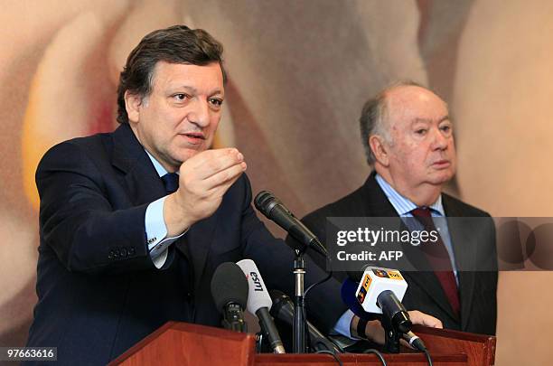 European Comission's president Jose Manuel Durao Barroso speaks to journalists during a joint press conference with the President of Madeira's...