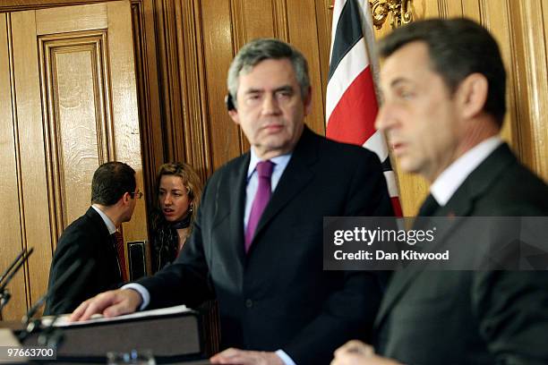 British Prime Minister Gordon Brown and French President Nicolas Sarkozy conduct a a press conference inside 10 Downing Street on March 12, 2010 in...