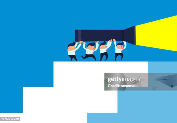 team holding flashlight climbing stairs - next steps stock illustrations