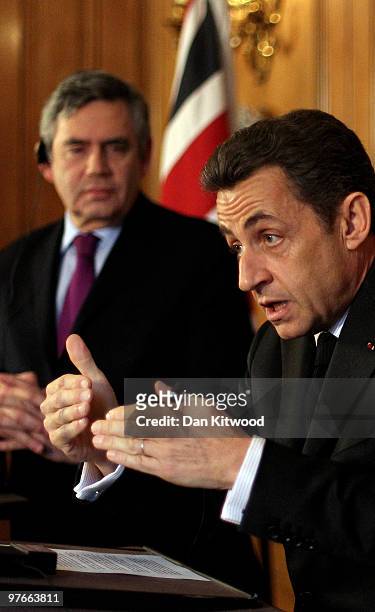 British Prime Minister Gordon Brown and French President Nicolas Sarkozy conduct a a press conference inside 10 Downing Street on March 12, 2010 in...