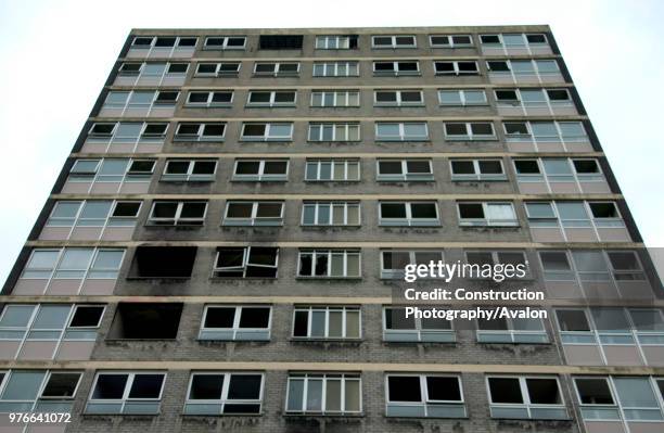 Derelict high-rise council tower block damaged by fire, Manchester.