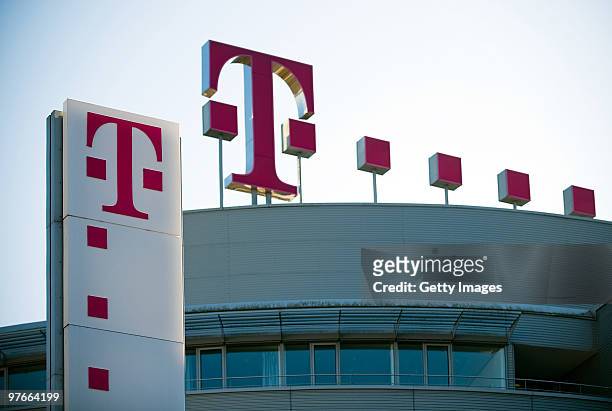 The logo of the German telecoms provider Deutsche Telekom is seen at the company's headquarters on March 09, 2010 in Bonn, Germany.