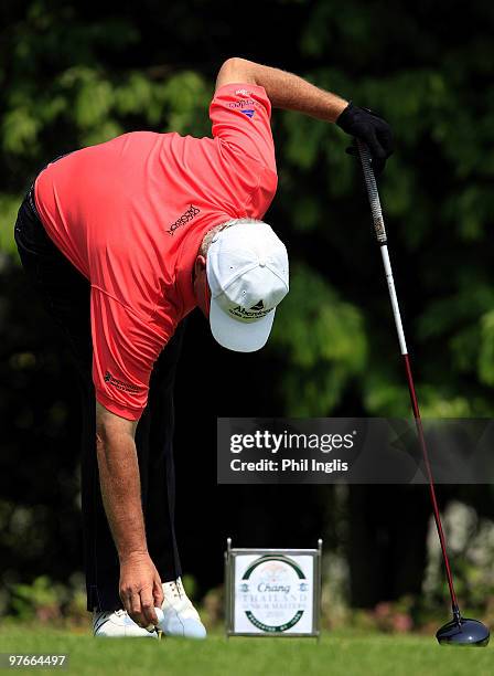 Sandy Lyle of Scotland in action during the first round of the Chang Thailand Senior Masters presented by ISPS played at Royal Gems Golf and Sports...