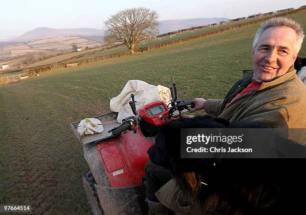 Farmer Dai Brute surveys sheep in one of his fields at Gwndwnwal Farm on March 11, 2010 in Brecon, Wales. Dai Brute runs Gwndwnwal Farm in...