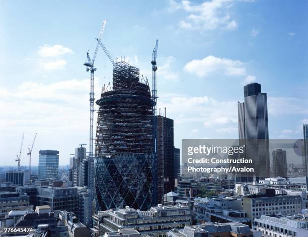 The Gherkin Swiss-Re building in construction, City of London, United Kingdom Norman Foster and Partners Architects.