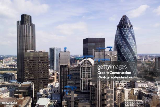 St Mary Axe, The Gherkin Swiss-Re building, Lloyd's Building and Tower 42, London, UK.