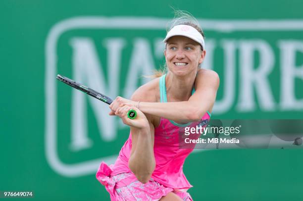 Mona Barthel of Germany in action against Donna Vekic of Croatia during Day Seven of the Nature Valley Open at Nottingham Tennis Centre on June 15,...